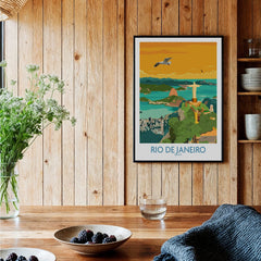 Rio de Janeiro travel poster featuring Christ the Redeemer, city skyline, and coastal views for home wall art decor
