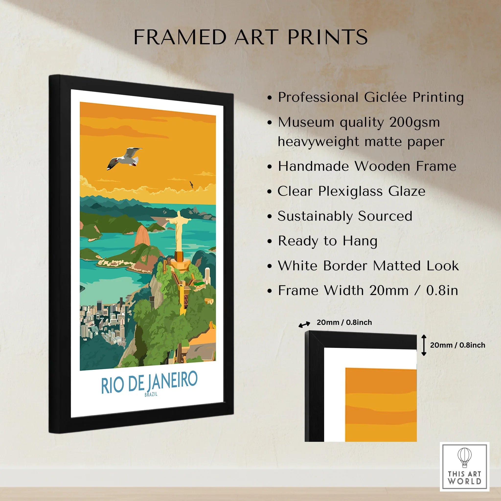Framed Rio de Janeiro travel poster art print with Christ the Redeemer, city skyline, and ocean view for wall decor