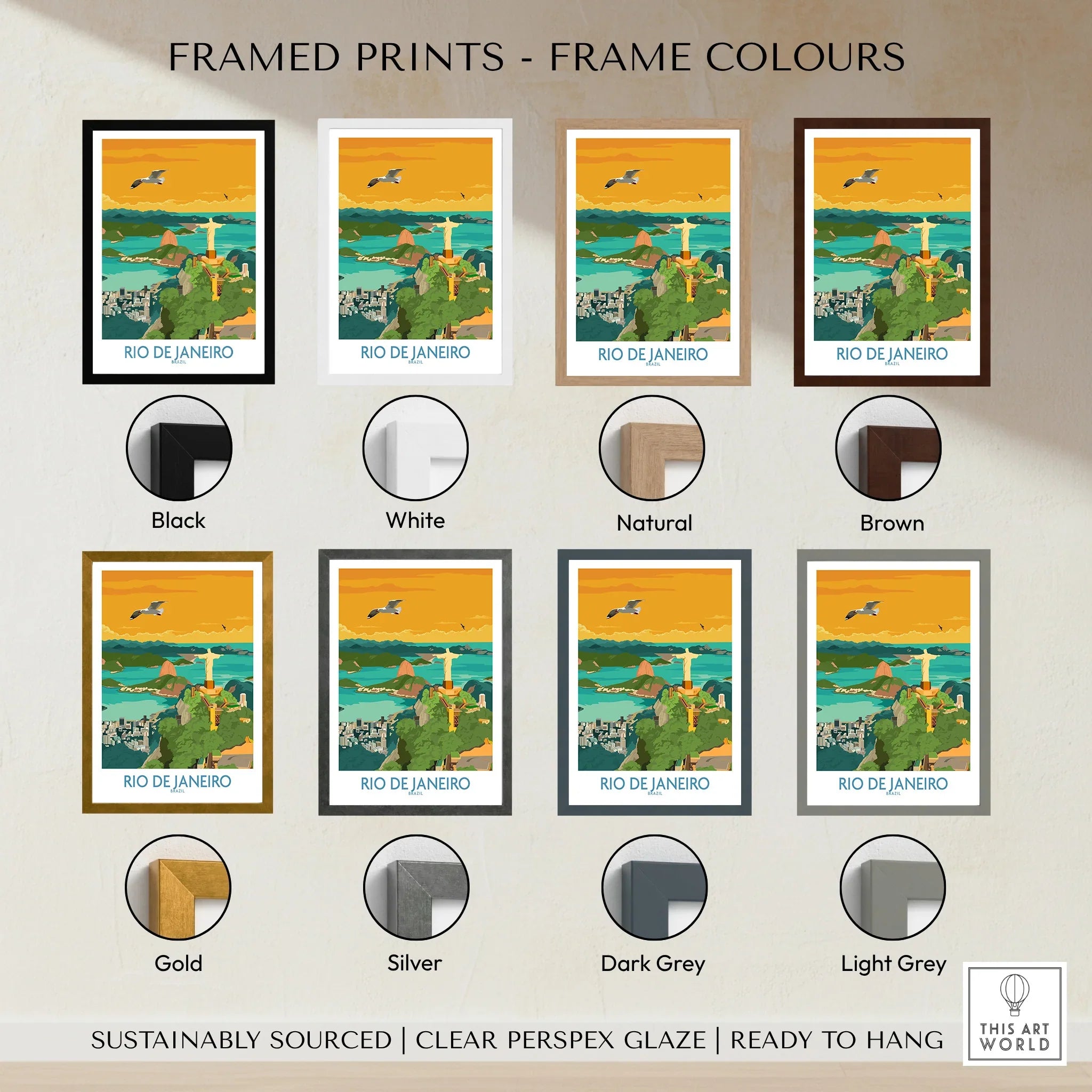 Rio de Janeiro travel poster in eight frame colors: black, white, natural, brown, gold, silver, dark grey, light grey