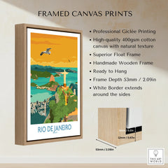 Framed Rio de Janeiro travel poster with Christ the Redeemer, city skyline, and ocean view for wall art decor