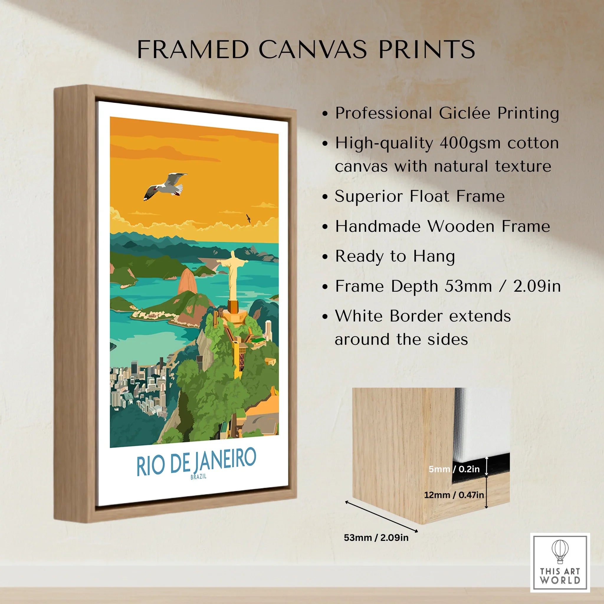 Framed Rio de Janeiro travel poster with Christ the Redeemer, city skyline, and ocean view for wall art decor