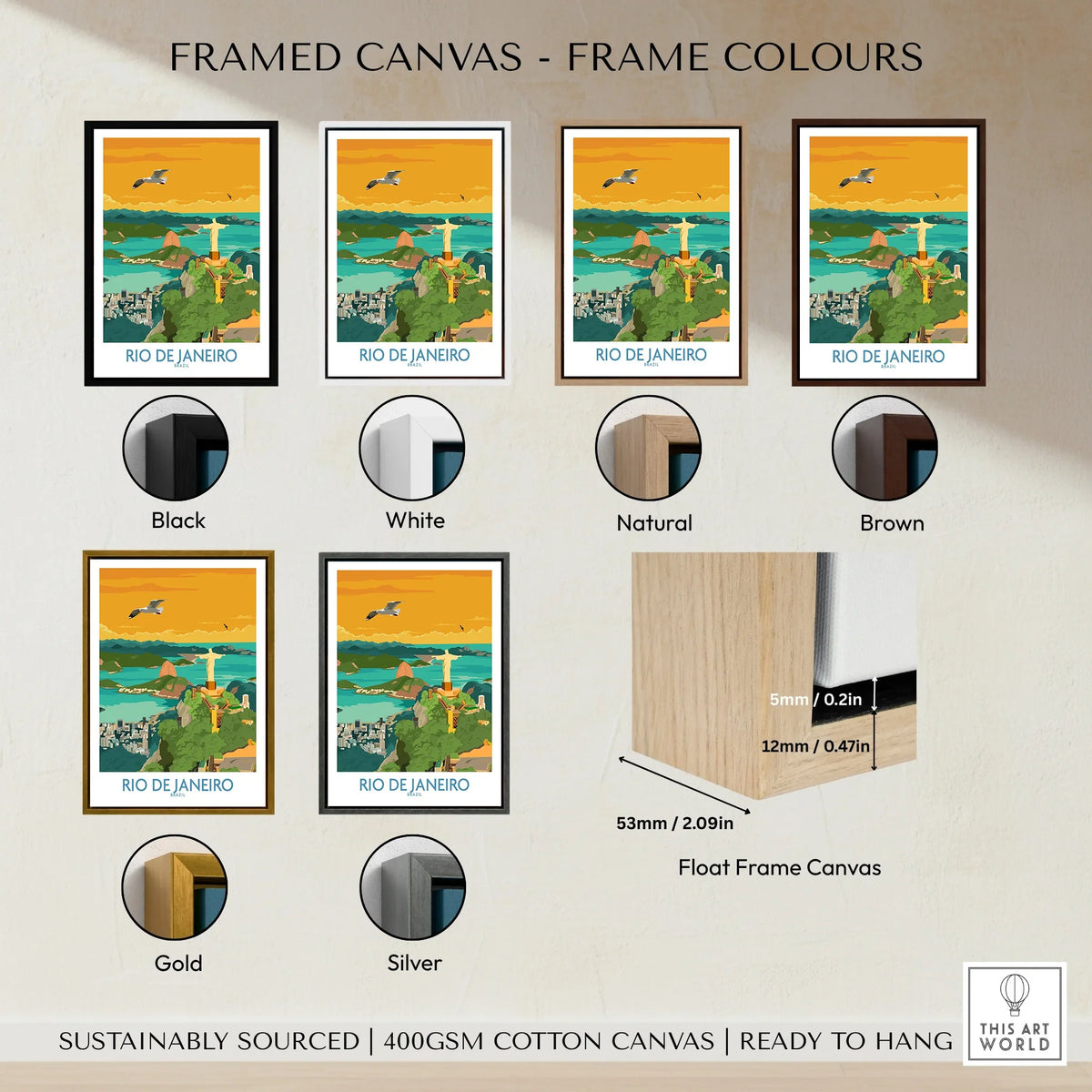 Rio de Janeiro travel poster in black, white, natural, brown, gold, and silver frames, float frame canvas details