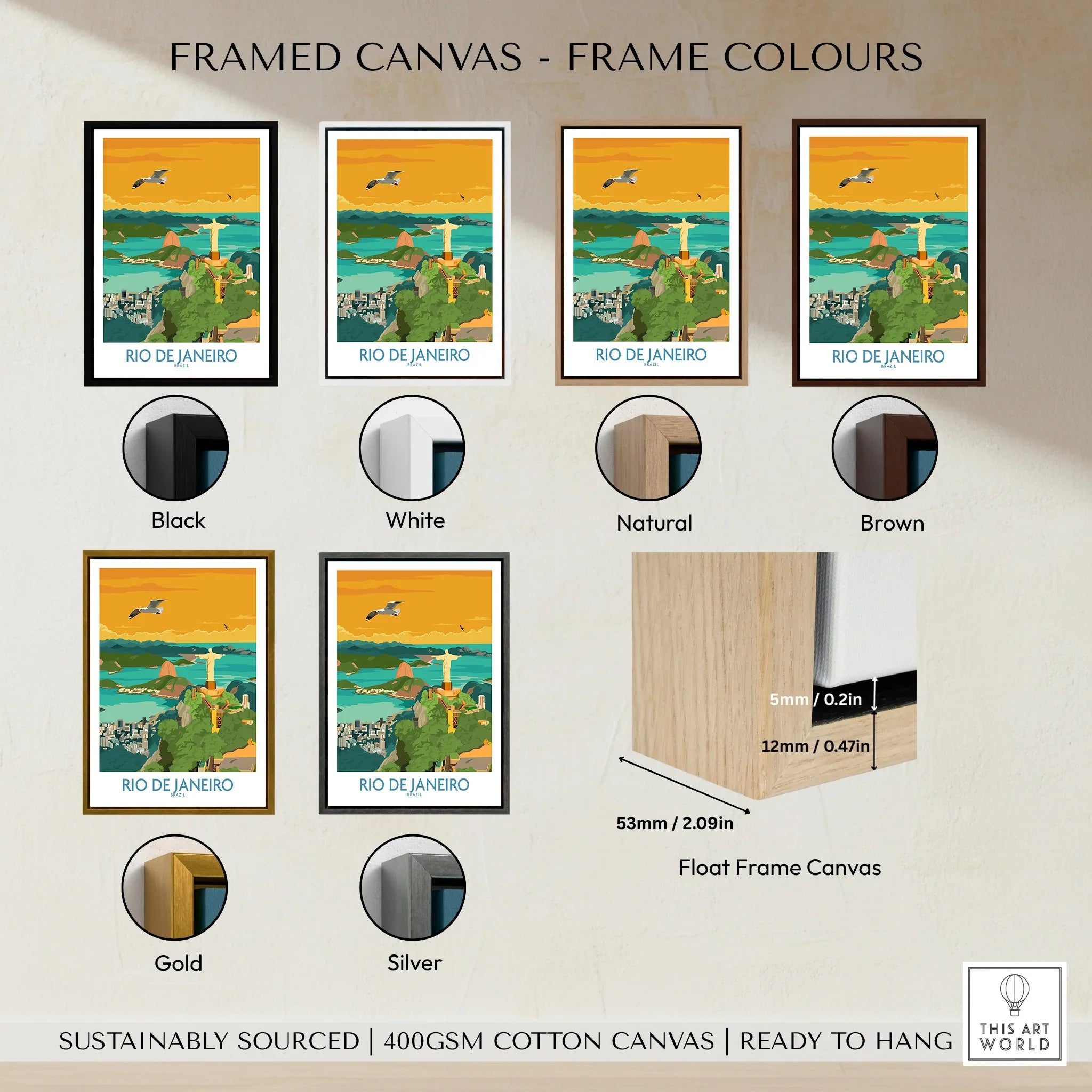 Rio de Janeiro travel poster in black, white, natural, brown, gold, and silver frames, float frame canvas details