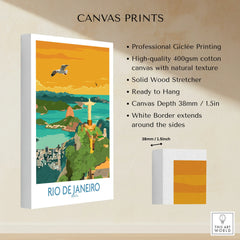 Rio de Janeiro travel poster canvas print featuring Christ the Redeemer, city skyline, and sunset, ready to hang wall art.