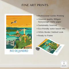 Rio de Janeiro travel poster featuring Christ the Redeemer, Sugarloaf Mountain, and city skyline, fine art print ready to frame
