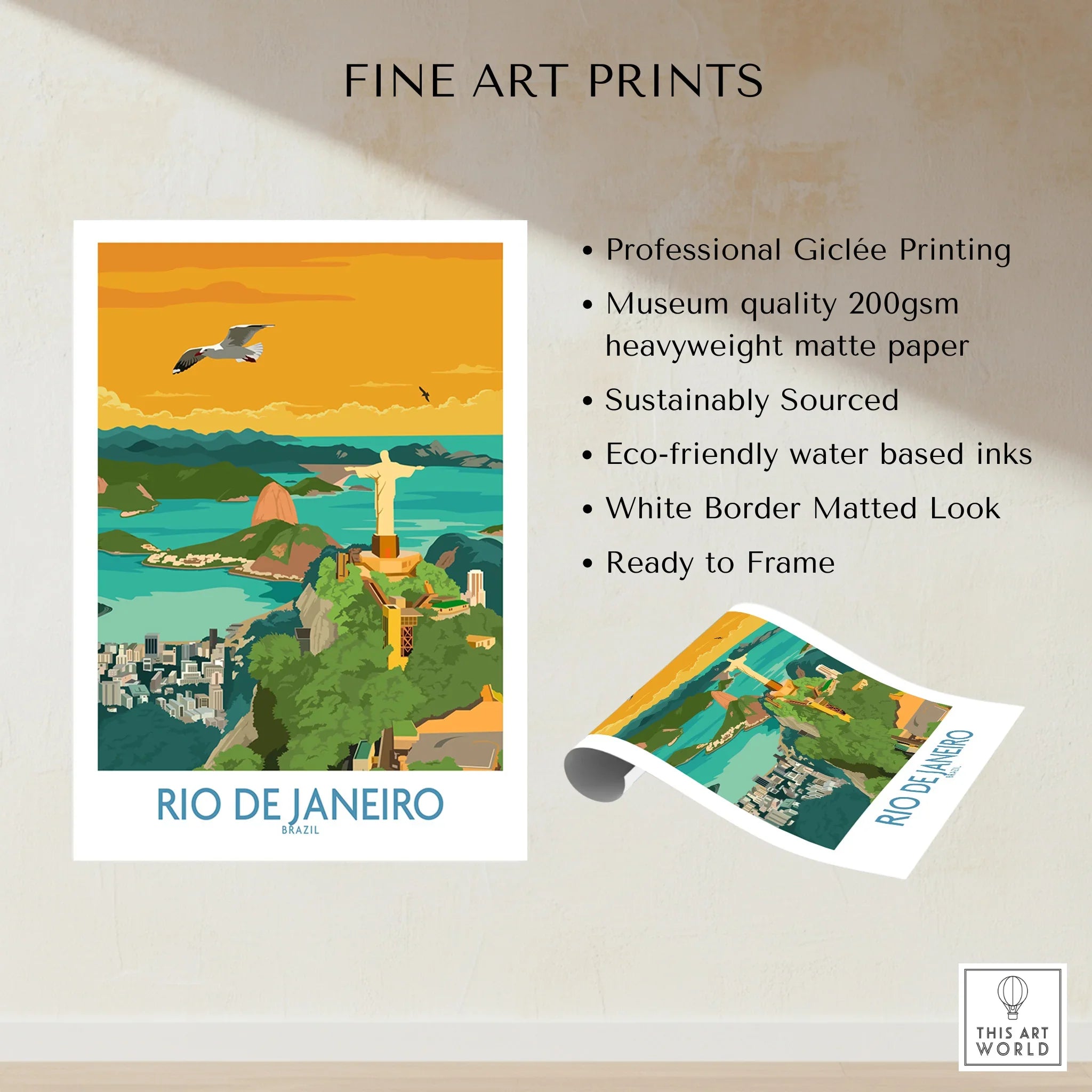 Rio de Janeiro travel poster featuring Christ the Redeemer, Sugarloaf Mountain, and city skyline, fine art print ready to frame