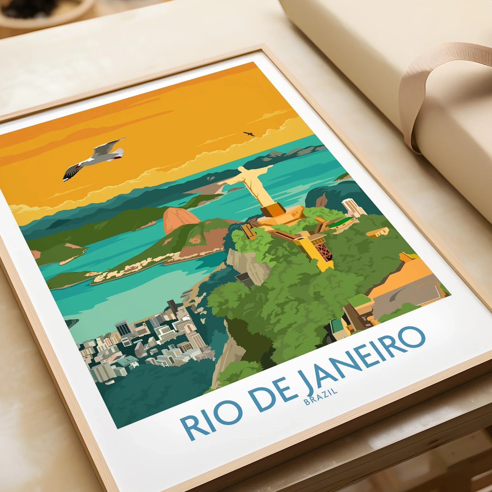 Rio de Janeiro travel poster print featuring Christ the Redeemer, Sugarloaf Mountain, and city skyline for wall art decor