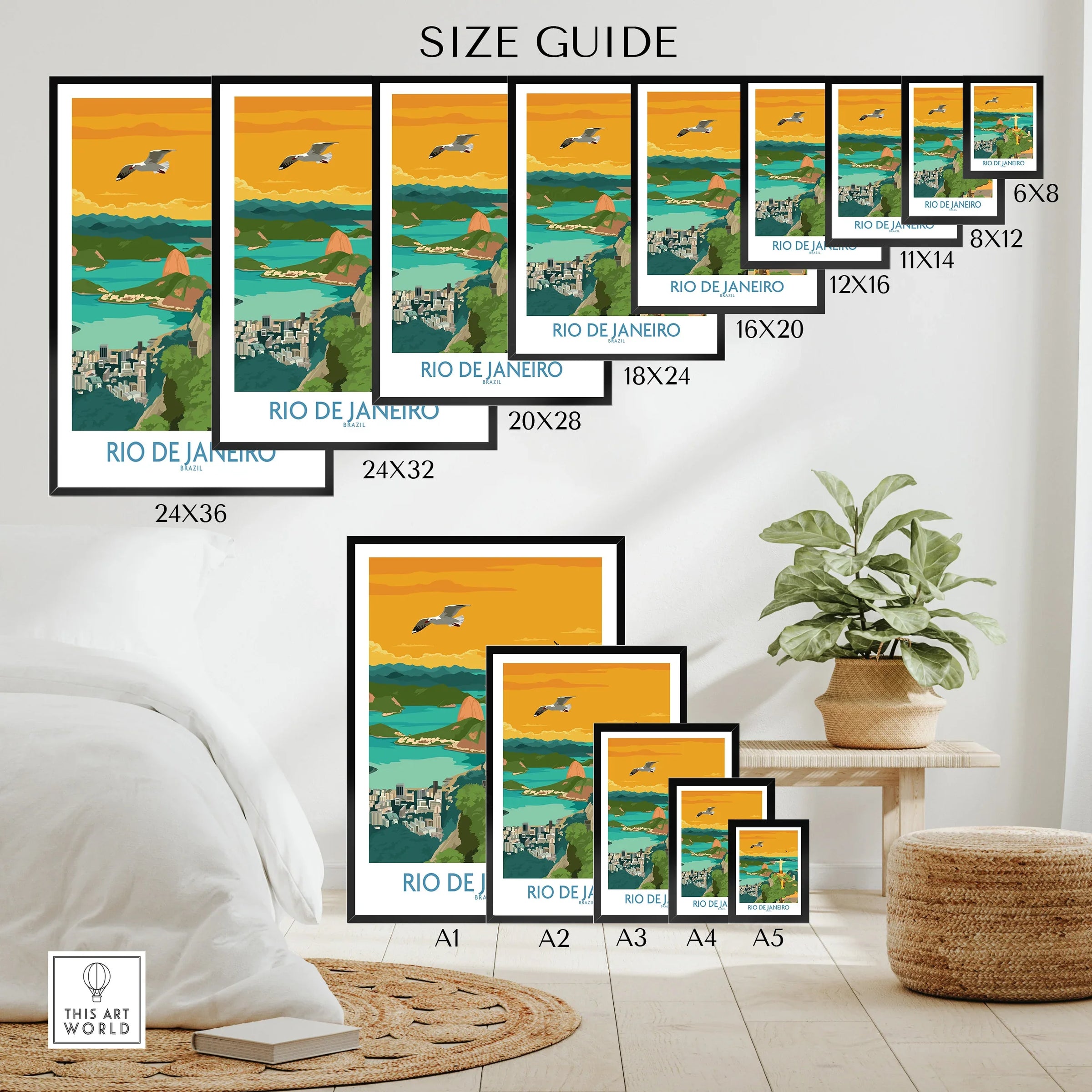 Rio de Janeiro travel poster size guide, featuring city skyline art in various frame sizes for home decor