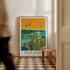 Rio de Janeiro travel poster featuring Christ the Redeemer, Sugarloaf Mountain, and city skyline, perfect for wall art decor.