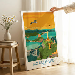 Rio de Janeiro travel poster print featuring Christ the Redeemer, Sugarloaf Mountain, and city skyline for wall art decor