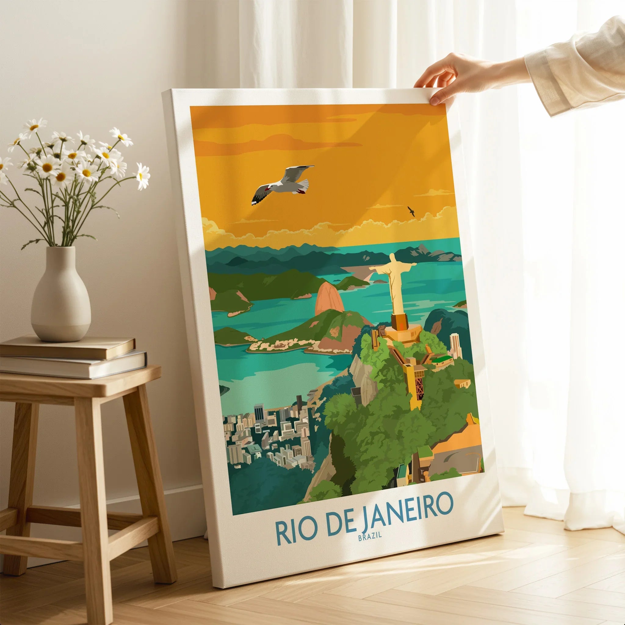 Rio de Janeiro travel poster print featuring Christ the Redeemer, Sugarloaf Mountain, and city skyline for wall art decor