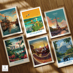 Framed travel posters of Venice, Rio, Paris, Singapore, Barcelona, Sri Lanka for wall art decor