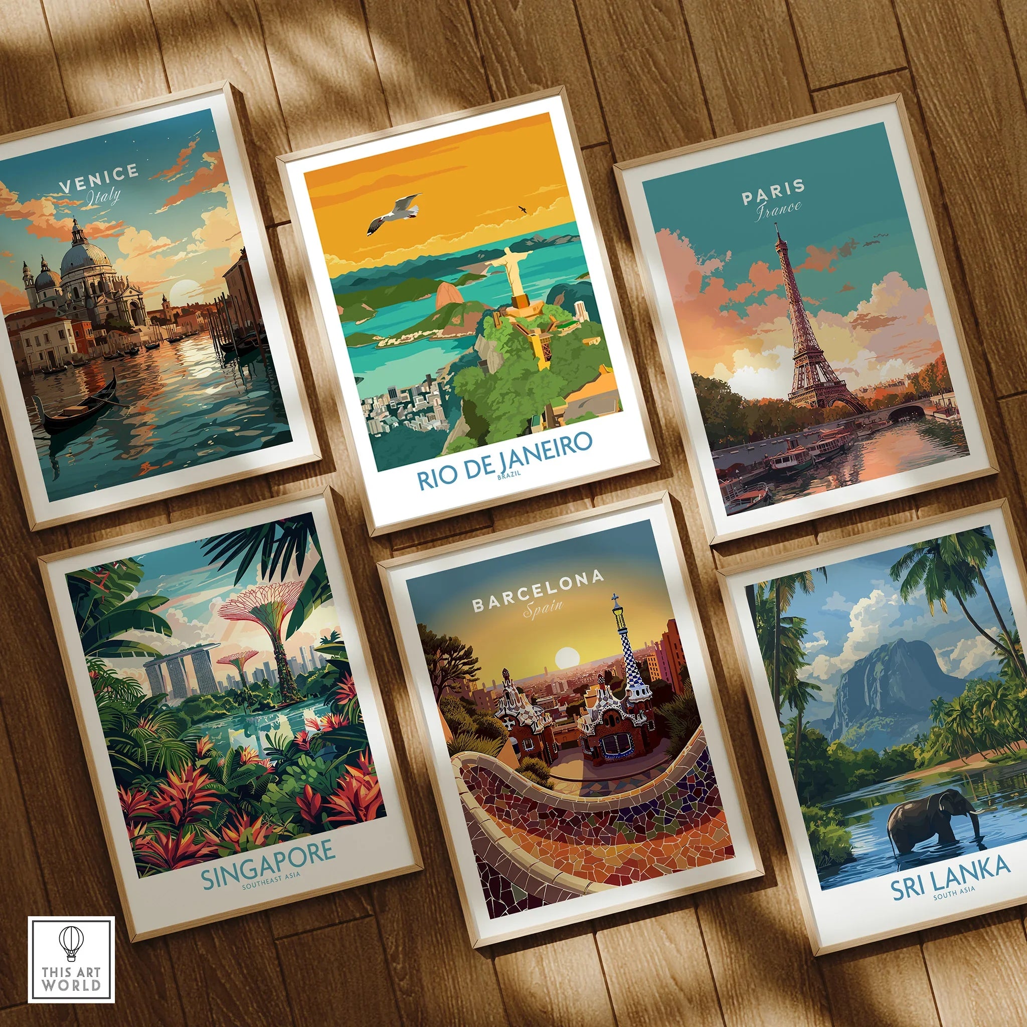 Framed travel posters of Venice, Rio, Paris, Singapore, Barcelona, Sri Lanka for wall art decor