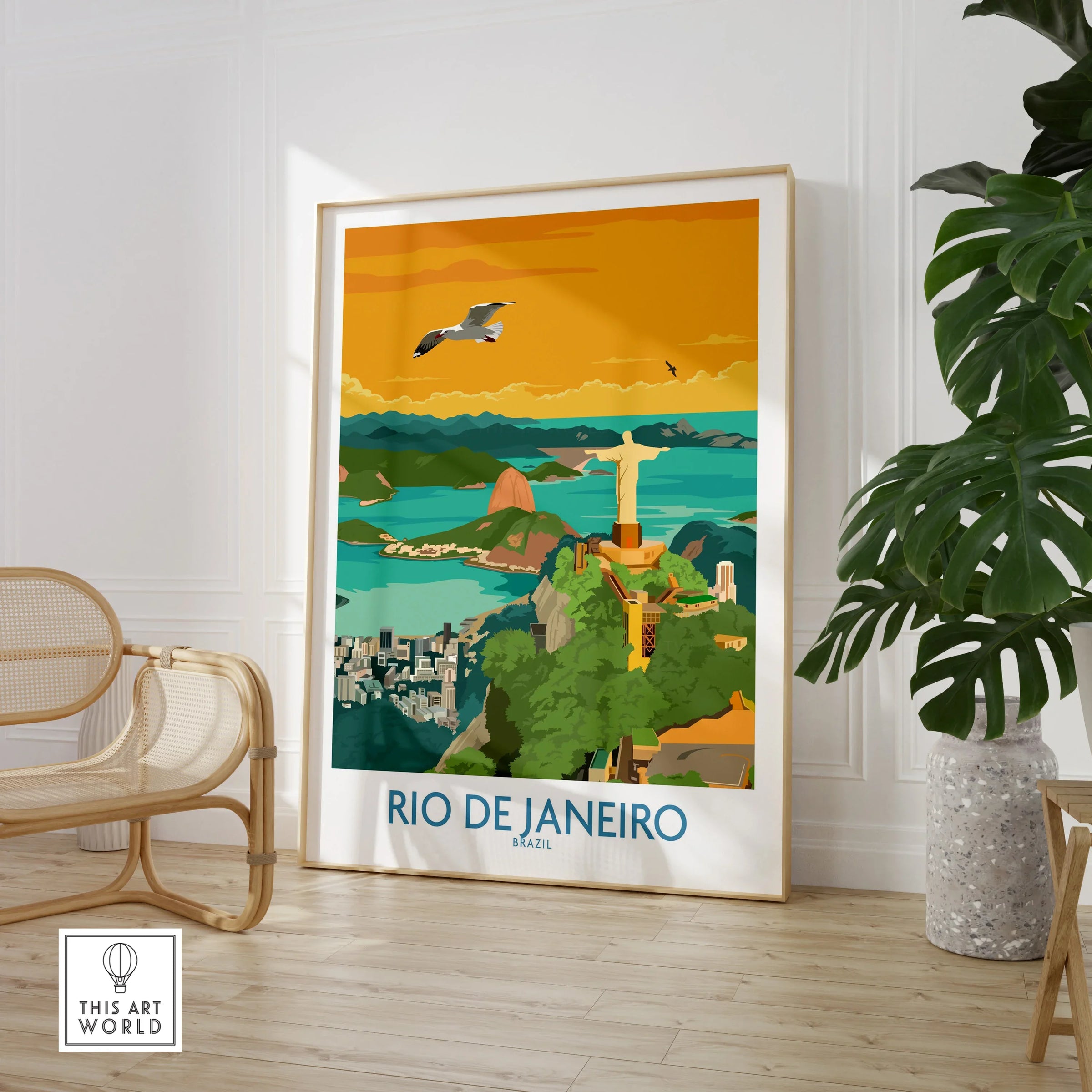 Rio de Janeiro travel poster featuring Christ the Redeemer, Sugarloaf Mountain, and city skyline, perfect wall art for home decor.