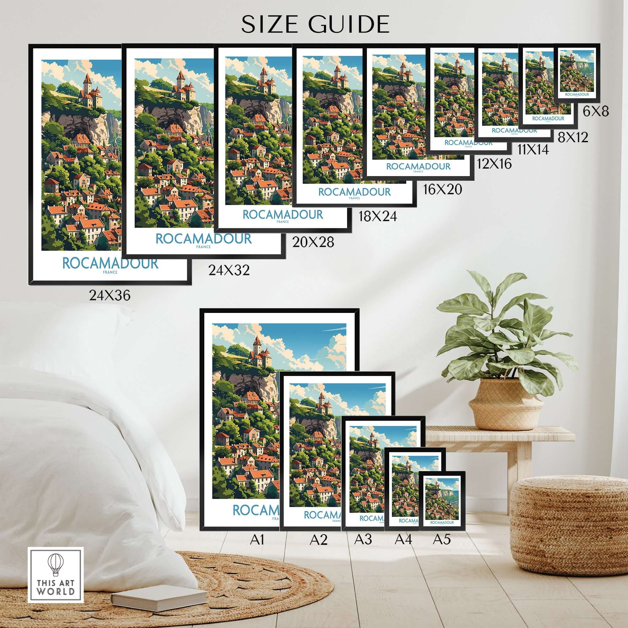 Size guide for Rocamadour Wall Art featuring various frame sizes and design options in a home setting.