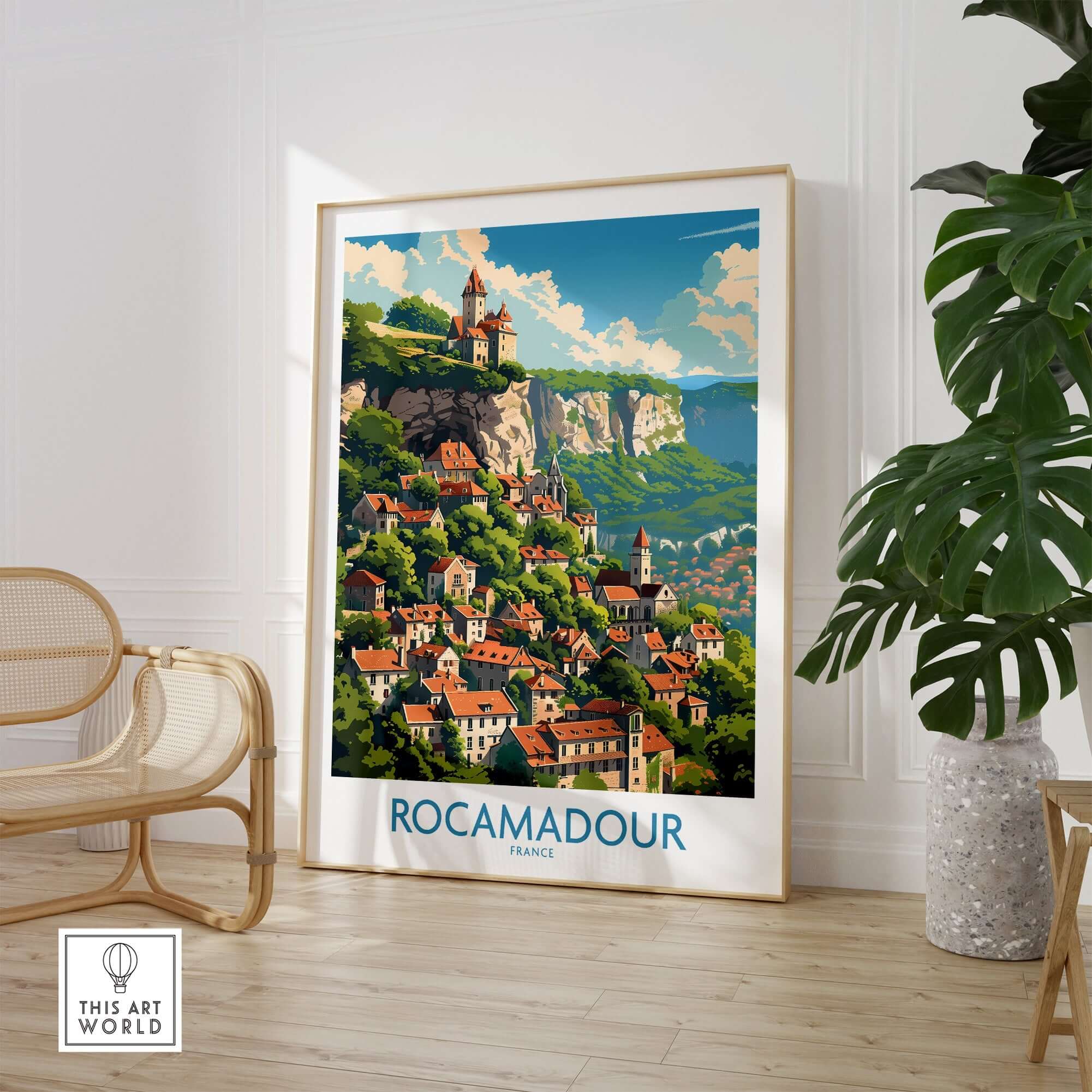 Rocamadour Wall Art featuring a vibrant print of the picturesque French town, enhancing modern home decor.