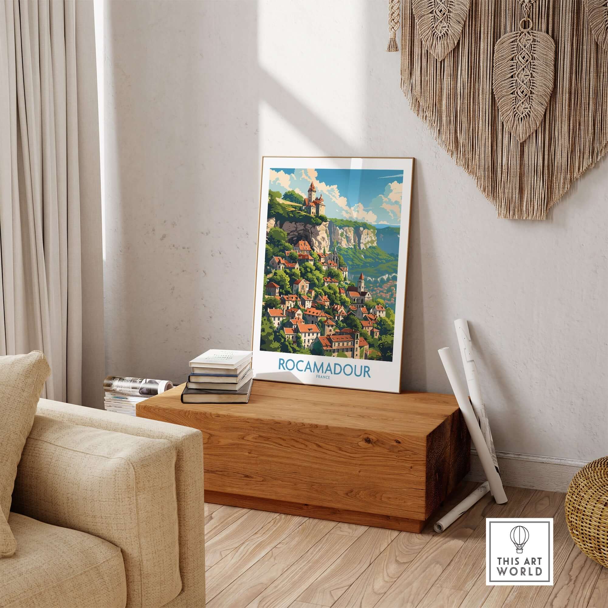 Rocamadour Wall Art print showcasing the charming landscape of Rocamadour, France, enhances modern home decor.