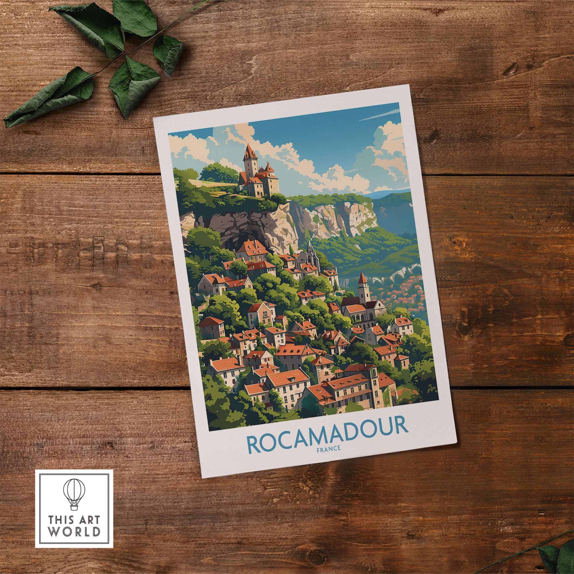 Rocamadour wall art print featuring the scenic city of Rocamadour, France on a wooden background, perfect for home decor.