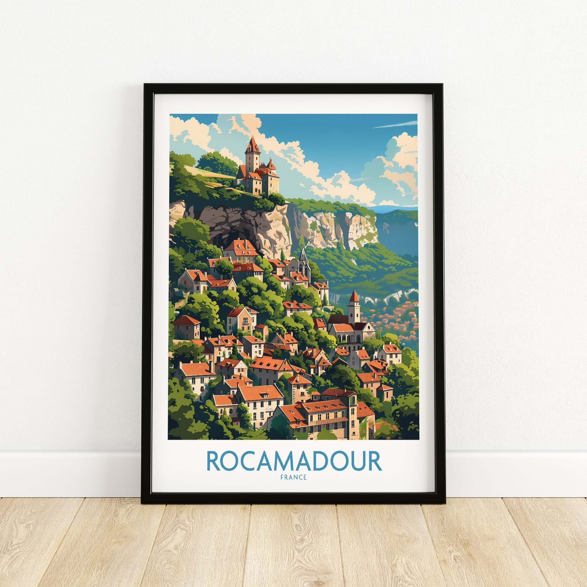 Rocamadour Wall Art print showcasing the scenic cityscape of Rocamadour, France, framed for elegant home decor.