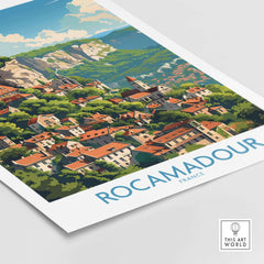 Rocamadour wall art print featuring scenic views of the French city with lush greenery and charming architecture.