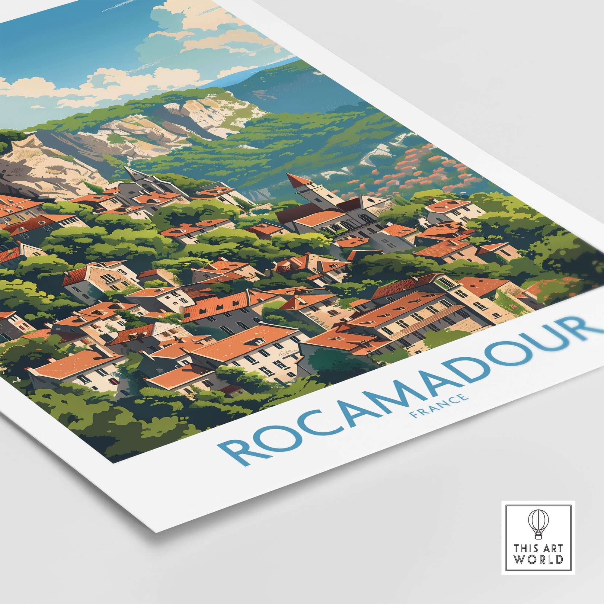 Rocamadour wall art print featuring scenic views of the French city with lush greenery and charming architecture.
