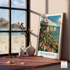 Rocamadour Wall Art print displayed on a wooden table with a vase, showcasing the scenic cityscape of Rocamadour, France.
