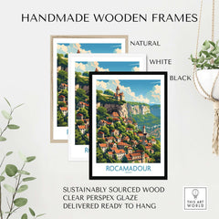 Handmade wooden frames in natural, white, and black showcasing Rocamadour wall art print for elegant home decor.