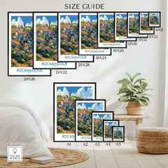 Size guide for Rocamadour Wall Art showcasing various frame sizes and a beautiful illustration of the medieval village in France.