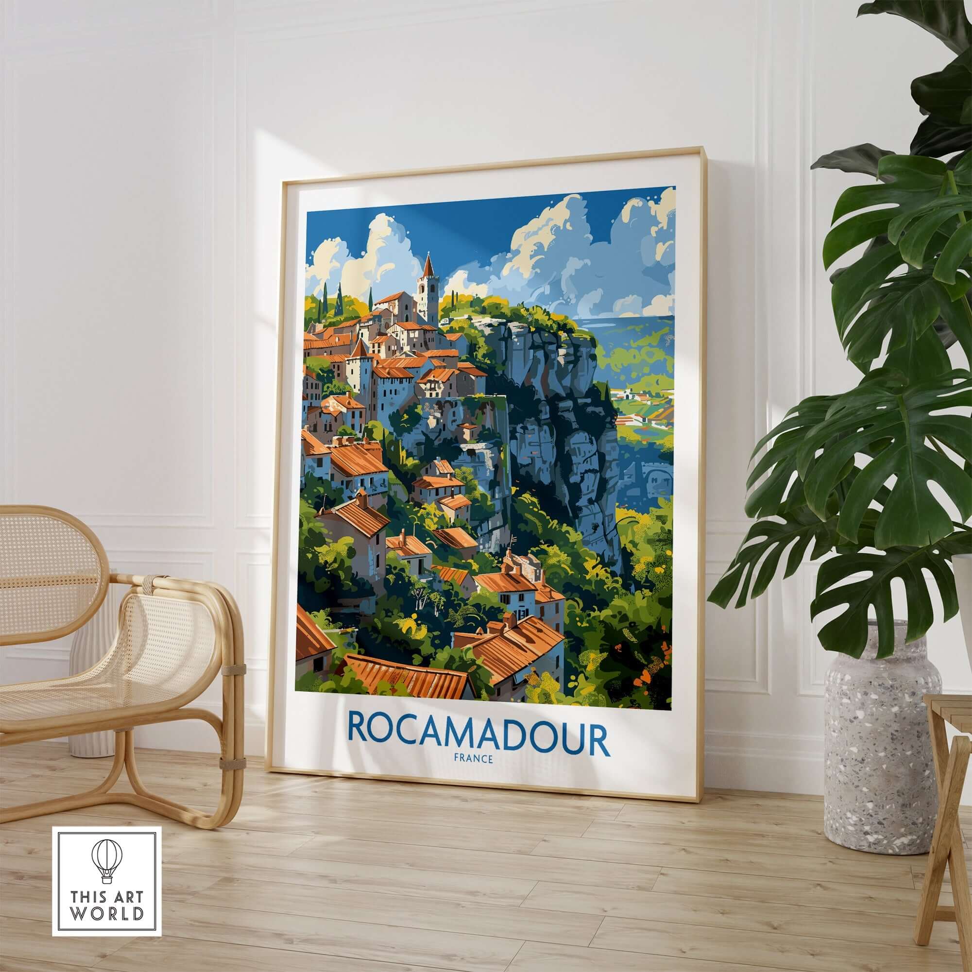 Rocamadour wall art travel poster showcasing the medieval village's cliffside beauty and vibrant landscape in a stylish interior setting.