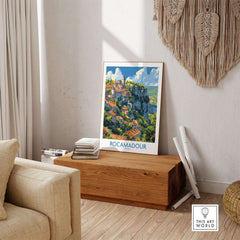 Rocamadour wall art travel poster showcasing the medieval village's beauty in a stylish home setting.