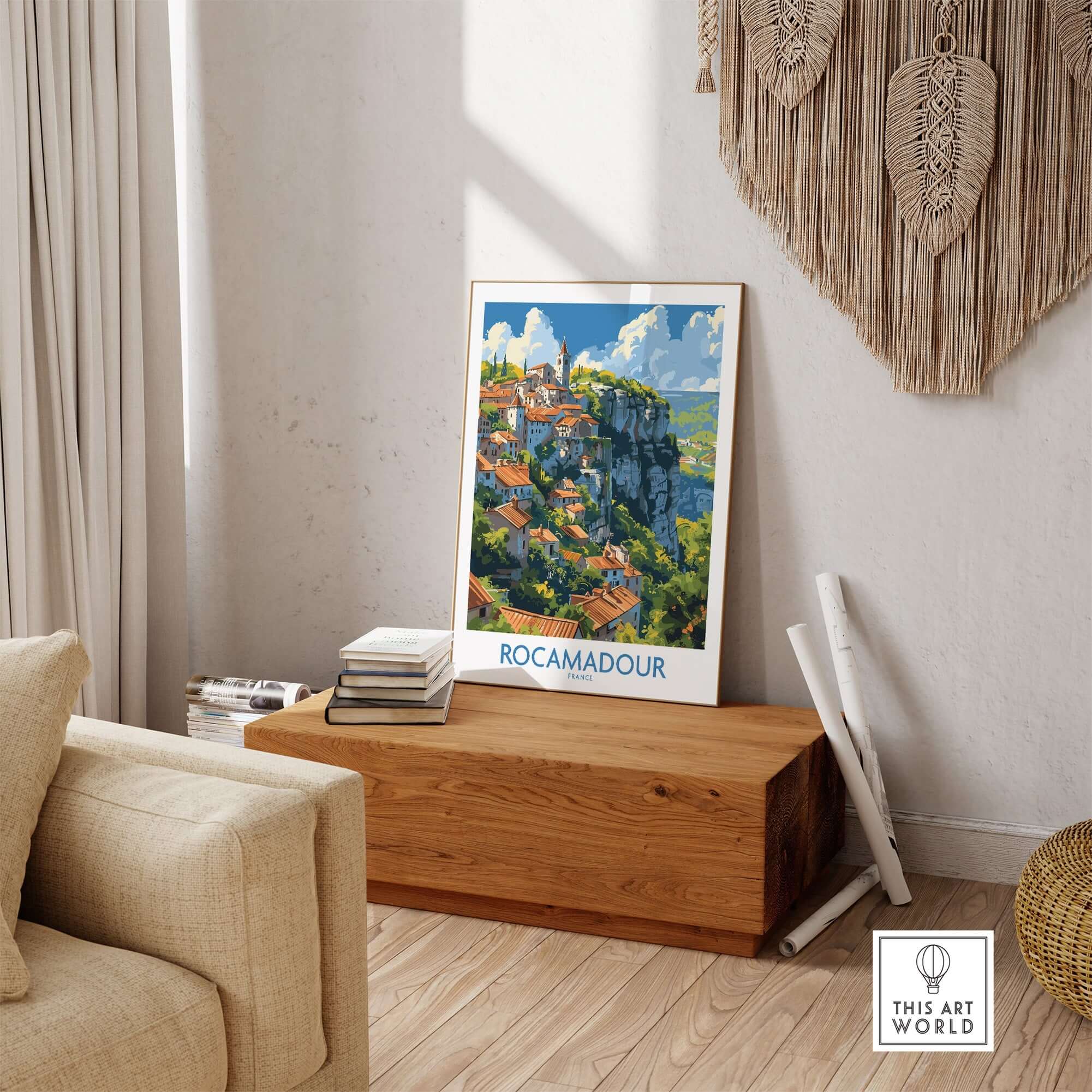 Rocamadour wall art travel poster showcasing the medieval village's beauty in a stylish home setting.
