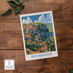 Rocamadour travel poster showcasing the medieval village's cliffside beauty, perfect for home or office decor.