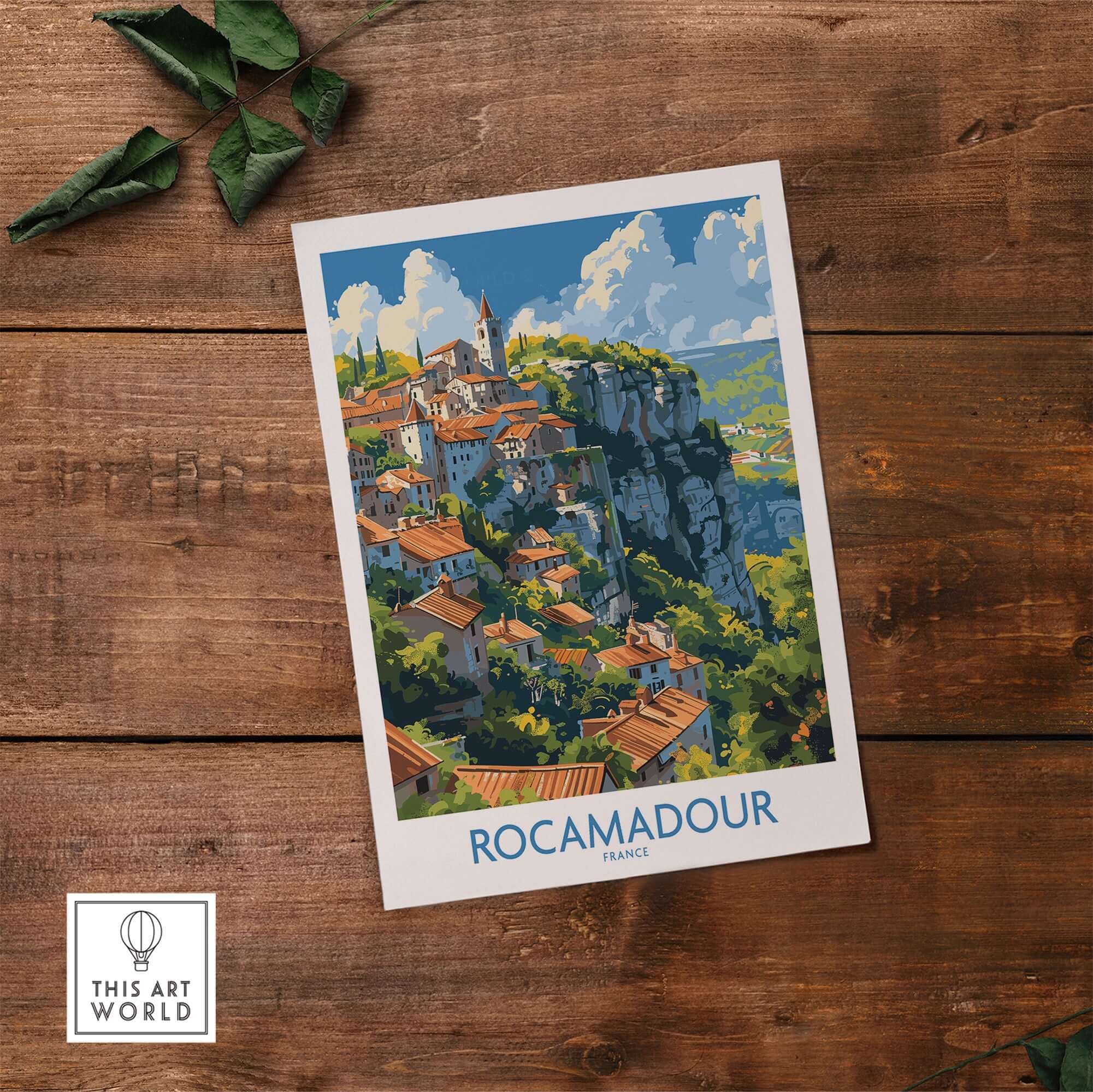Rocamadour travel poster showcasing the medieval village's cliffside beauty, perfect for home or office decor.