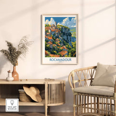 Rocamadour wall art travel poster showcasing the medieval village, perfect for home decor and office spaces.