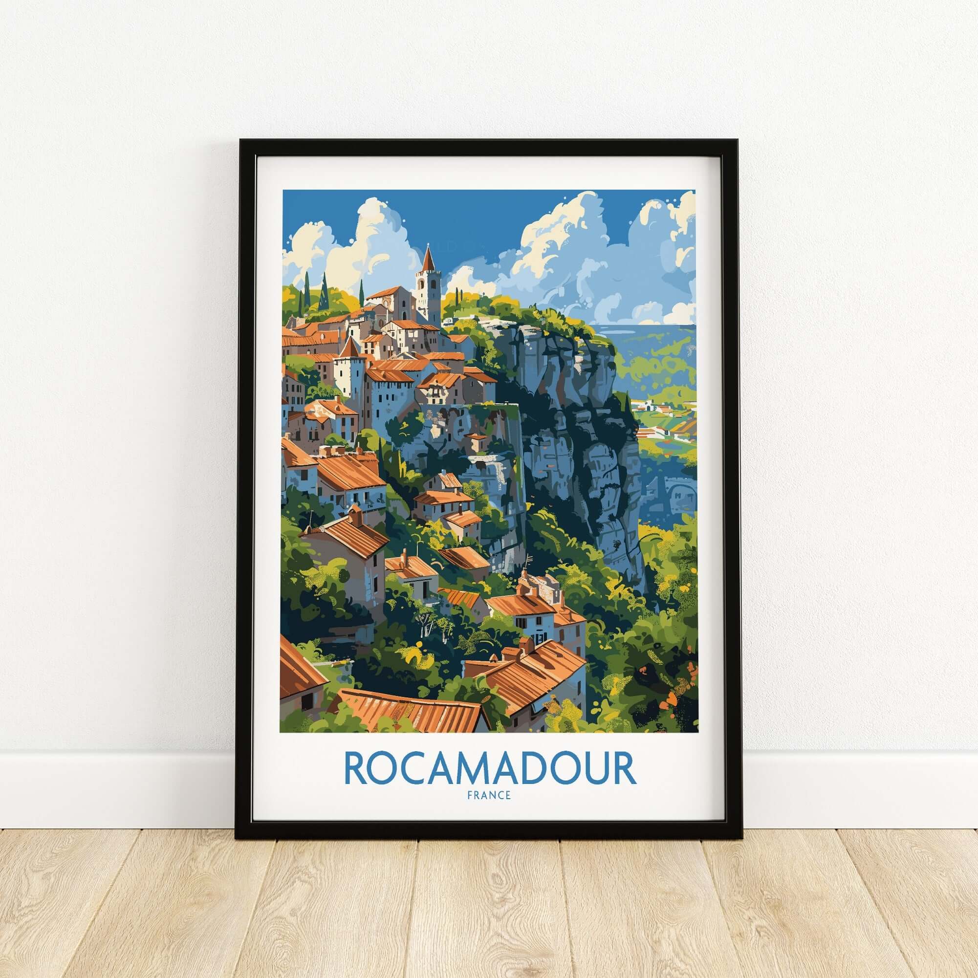 Rocamadour wall art travel poster showcasing the medieval village's cliffside beauty in France.