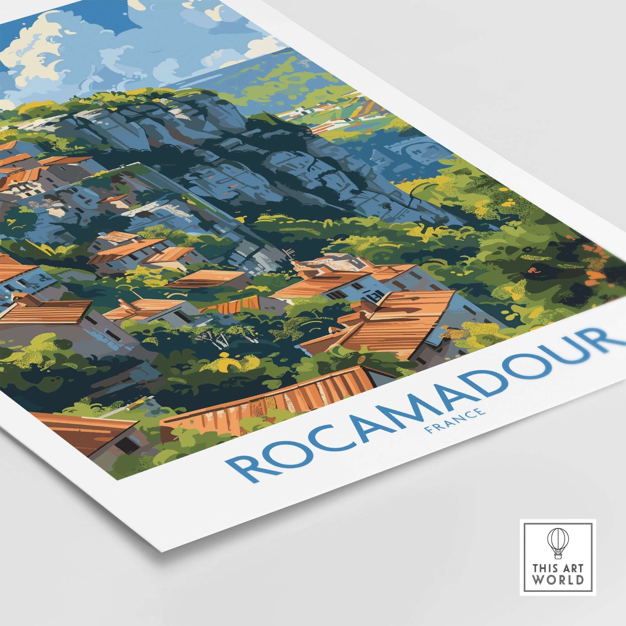 Rocamadour wall art travel poster showcasing the medieval village's cliffside beauty in France.