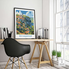Rocamadour wall art travel poster displayed in an airy office setting with a modern chair and desk.