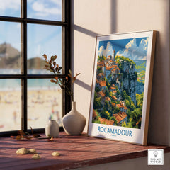 Rocamadour wall art travel poster showcasing the cliffside village in France, displayed on a windowsill with decor.