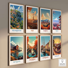 Rocamadour Wall Art and travel posters featuring Paris, Florence, Tokyo, Reykjavik, Amsterdam, Copenhagen, and Barcelona.