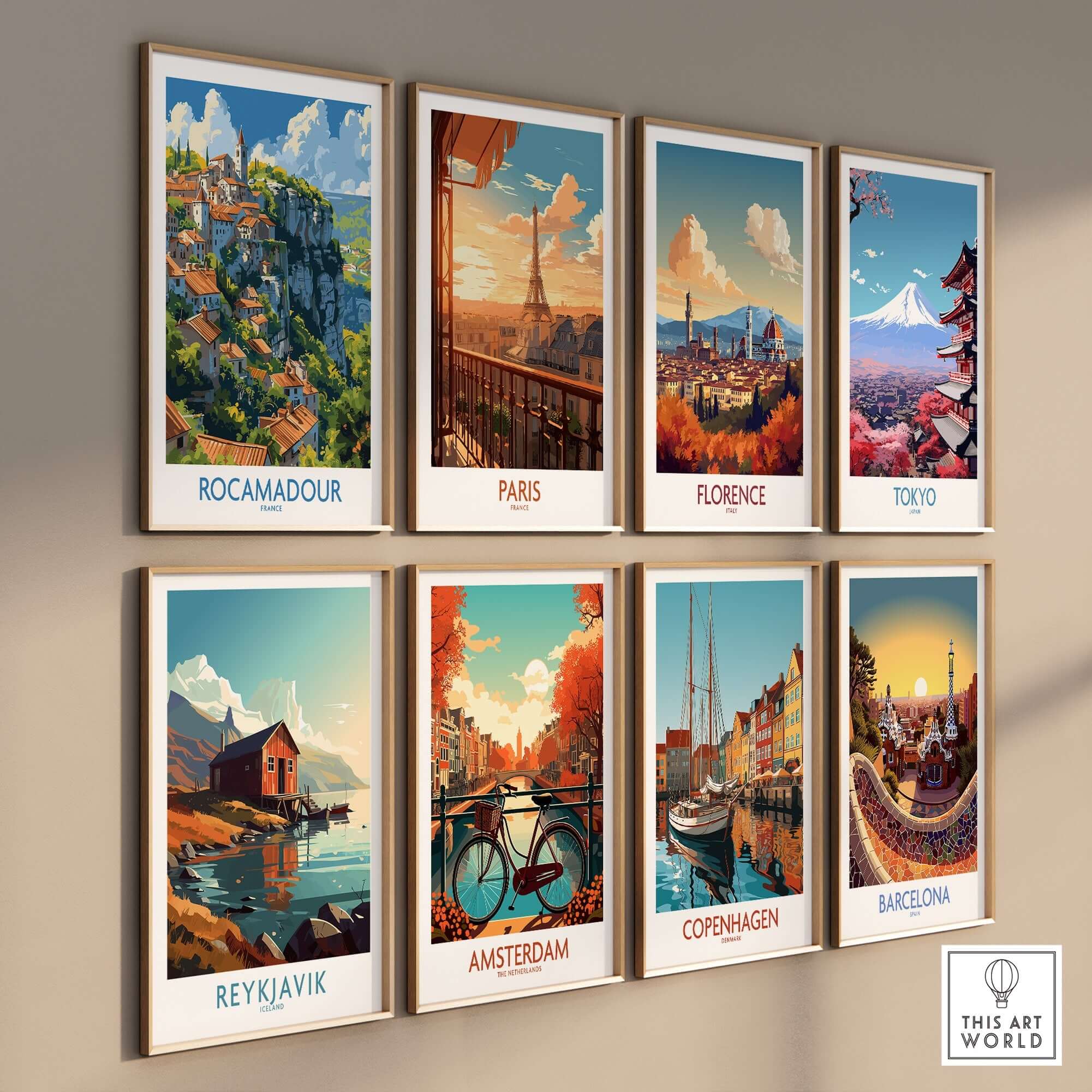 Rocamadour Wall Art and travel posters featuring Paris, Florence, Tokyo, Reykjavik, Amsterdam, Copenhagen, and Barcelona.