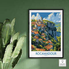 Rocamadour travel poster art featuring a medieval village in France with a picturesque cliffside view.