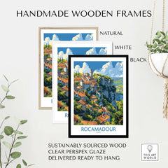 Handmade wooden frames for Rocamadour Wall Art in natural, white, and black finishes, ready to hang.