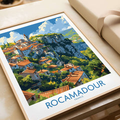 Rocamadour travel poster featuring medieval village and picturesque cliffside in France, framed art print for home decor.