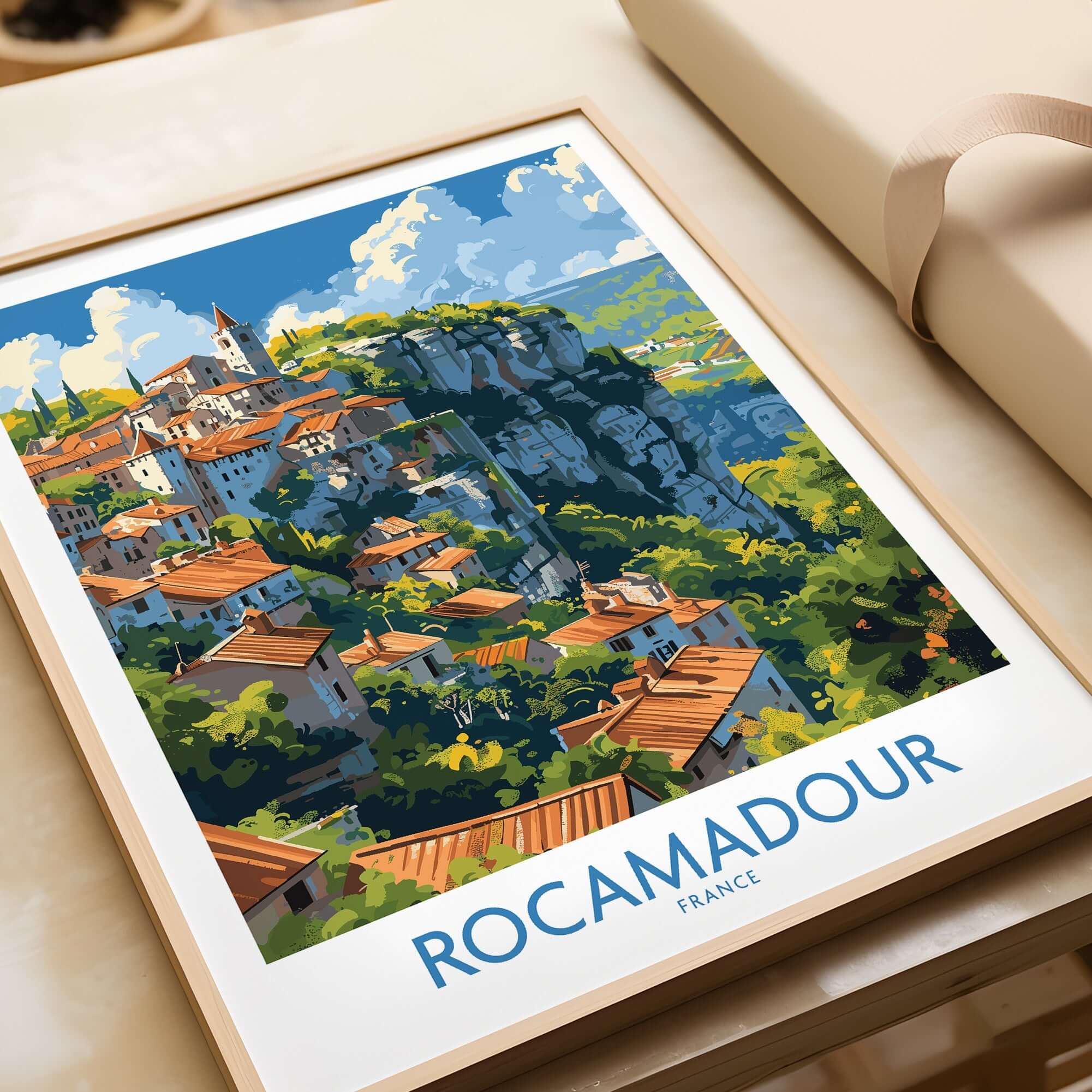 Rocamadour travel poster featuring medieval village and picturesque cliffside in France, framed art print for home decor.