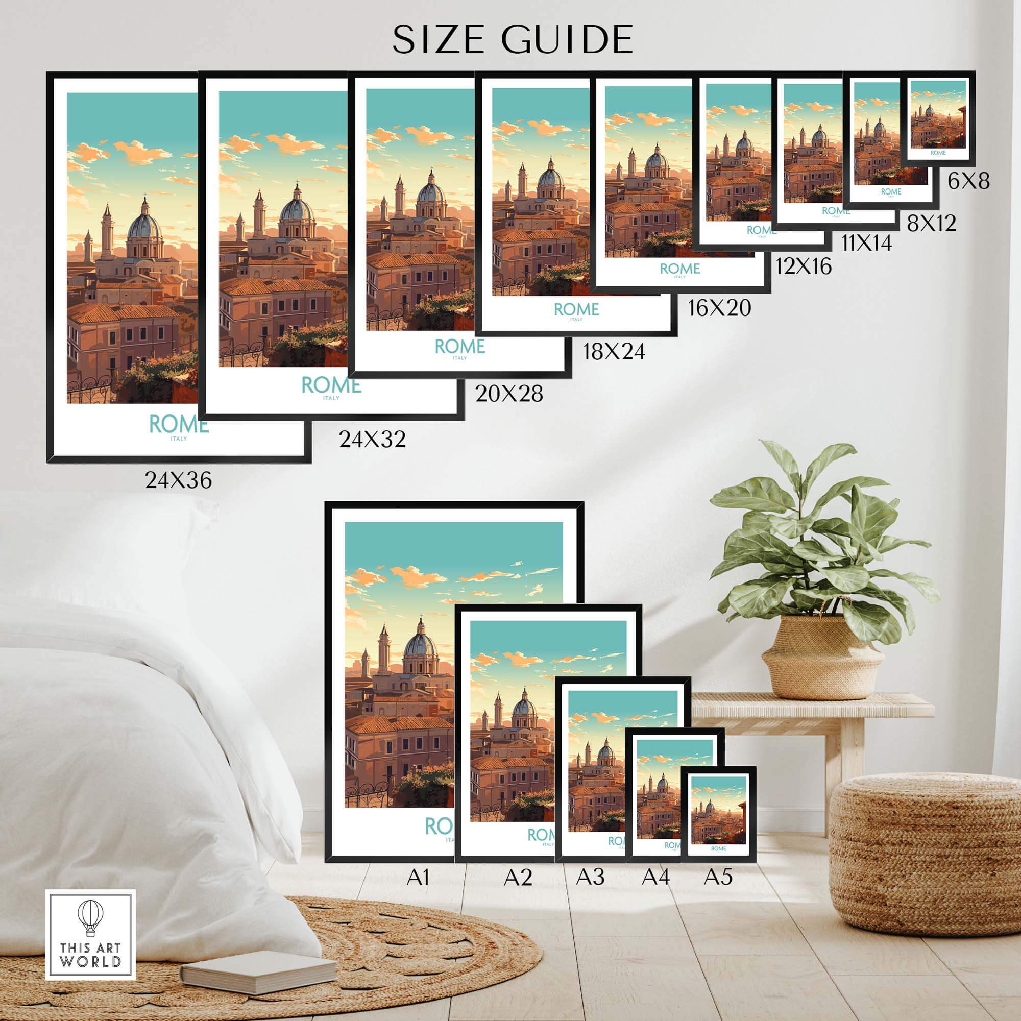 Size guide for Rome poster in various dimensions showcasing stunning Italian cityscape décor options.