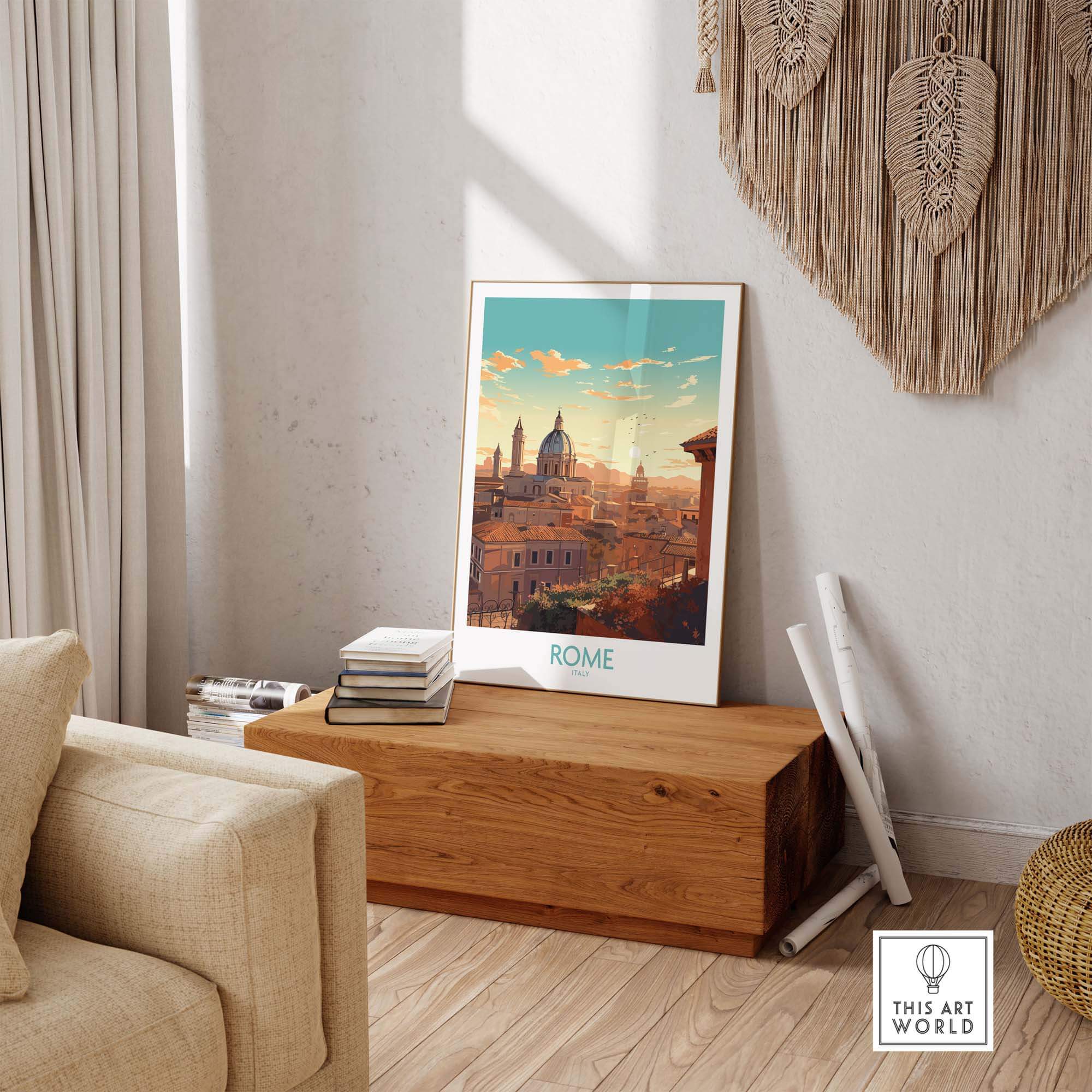 Beautiful Rome Poster displayed in a cozy living room, capturing the essence of Italy's stunning architecture.