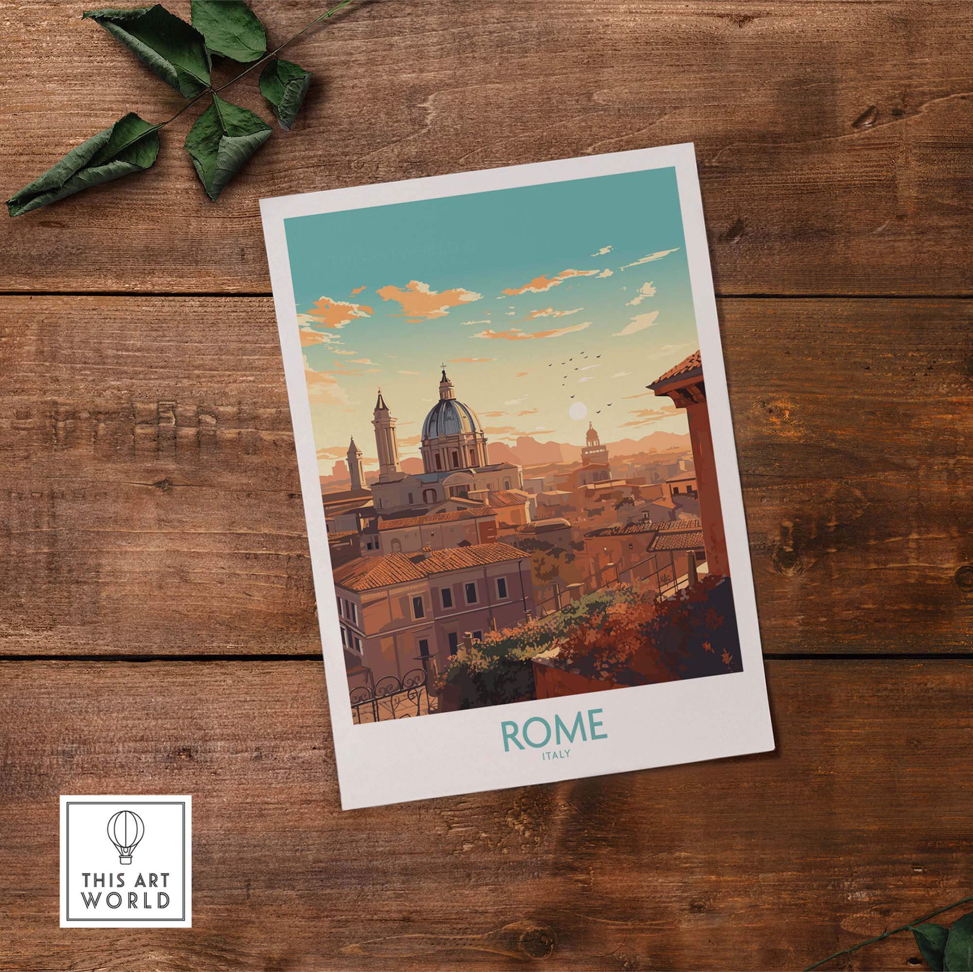 Vibrant Rome poster showcasing sunset over the city with iconic architecture, perfect for home decor or gifts.