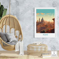 Rome poster showcasing a picturesque view of the city, beautifully framed in a modern living space. Perfect decor for any home.