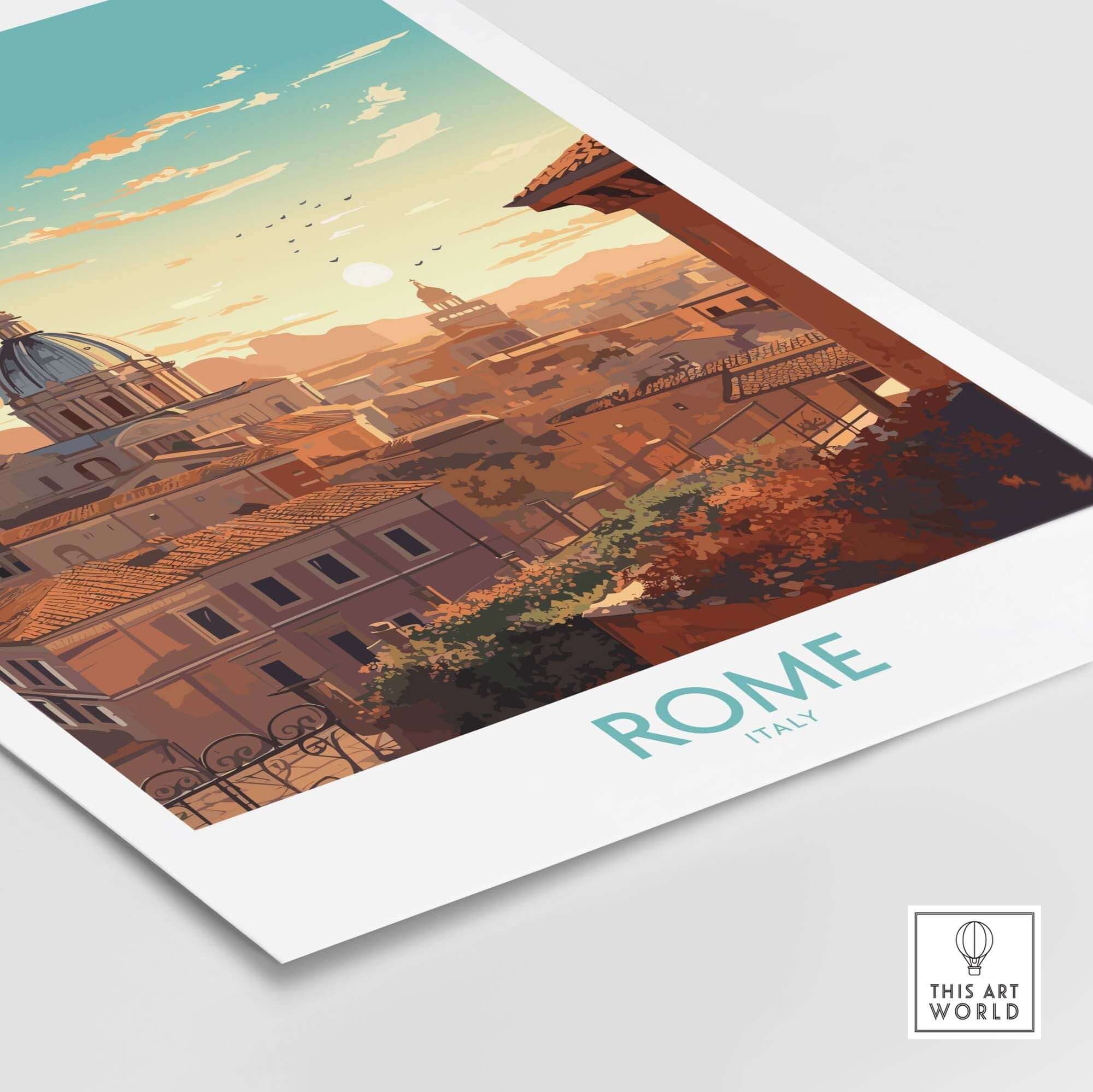 Stunning Rome poster showcasing the city's skyline at sunset, perfect for home decor and a memorable gift.