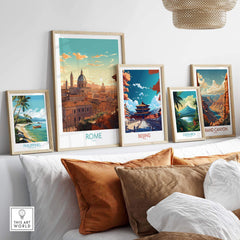 Framed Rome poster among other travel art prints, showcasing Italy's beauty in a stylish gallery wall decor.